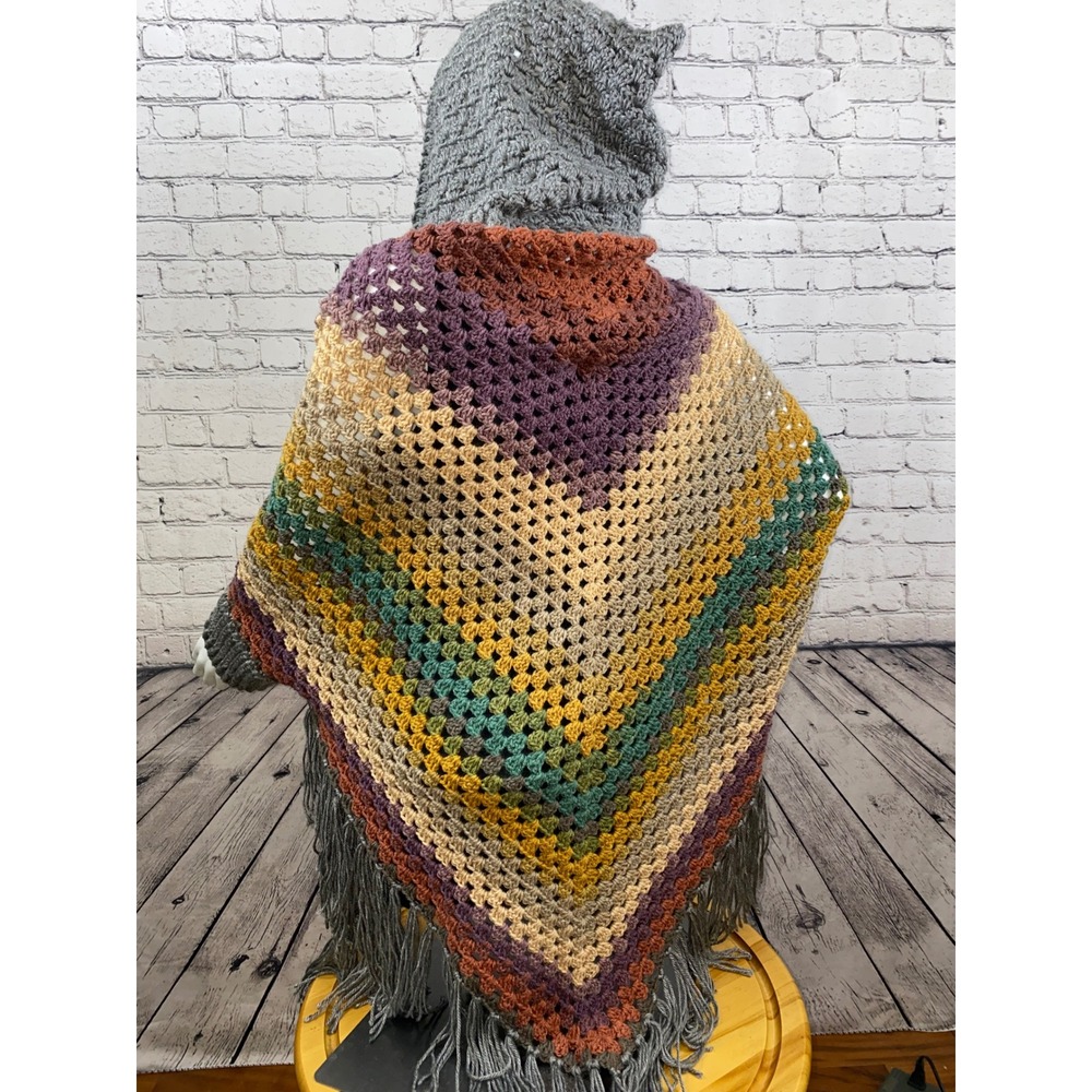Handmade Crochet Hooded Shawl Wrap Multicolor Striped Fringe Boho Cardigan Gray - Picture 5 of 10